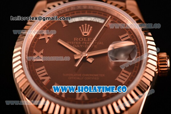 Rolex Day-Date Asia 2813/Swiss ETA 2836/Clone Rolex 3135 Automatic Rose Gold Case with Roman Numeral Markers and Brown Dial (BP) - Click Image to Close